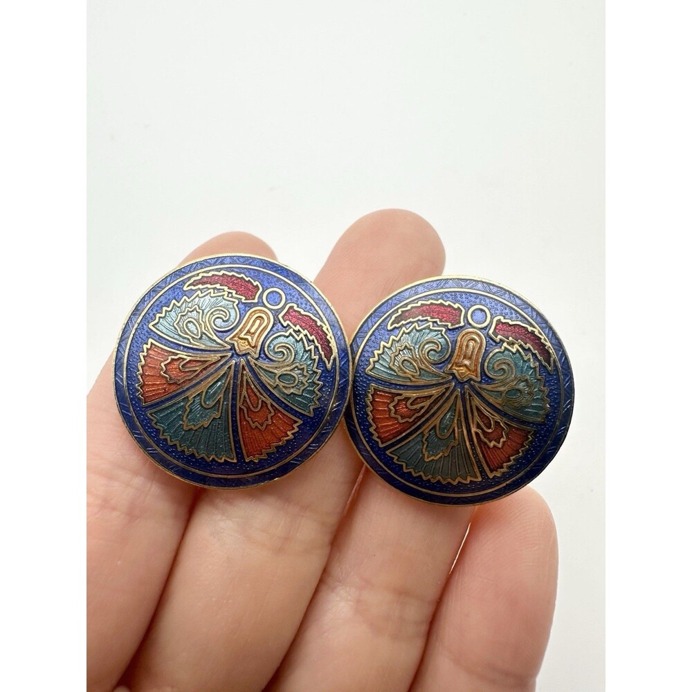 Vintage Cloisonne Butterfly Gold Tone Round Clip-On Earrings